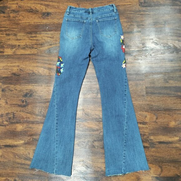 70s Flare Leg Whimsy Flower Y2K High waist Denim Jeans 27 - Picture 10 of 11